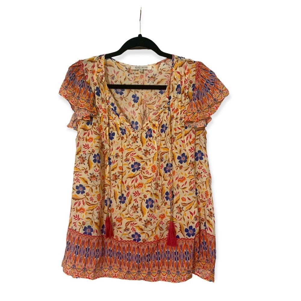 ROSE + Olive Sleeveless printed flutter sleeved and taste tie blouse size S